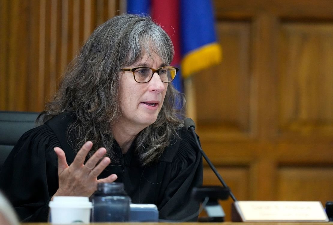 Judge Sarah B. Wallace presides over a hearing for a lawsuit that seeks to keep Trump off the state ballot in Denver on October 30.