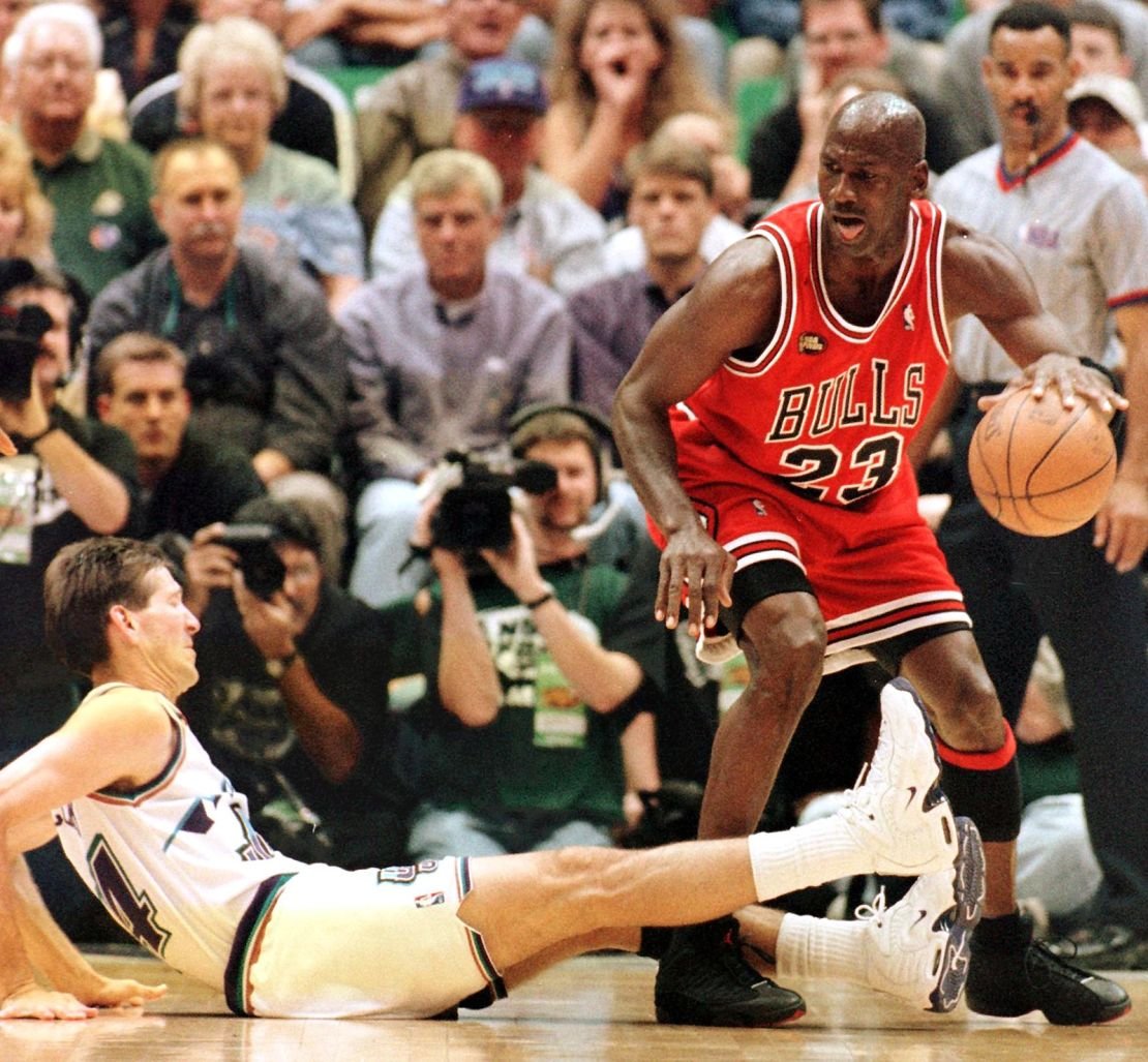 Michael Jordan pictured wearing the record-breaking sneakers during the NBA Finals at the Delta Center in Salt Lake City, Utah, on June 05, 1998.
